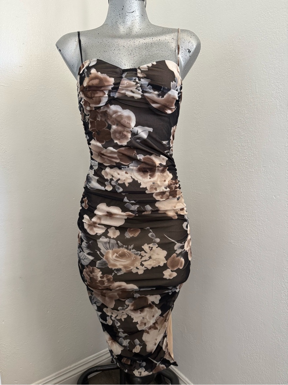 Lovely Day Brown & Cream Floral Ruched Midi Dress